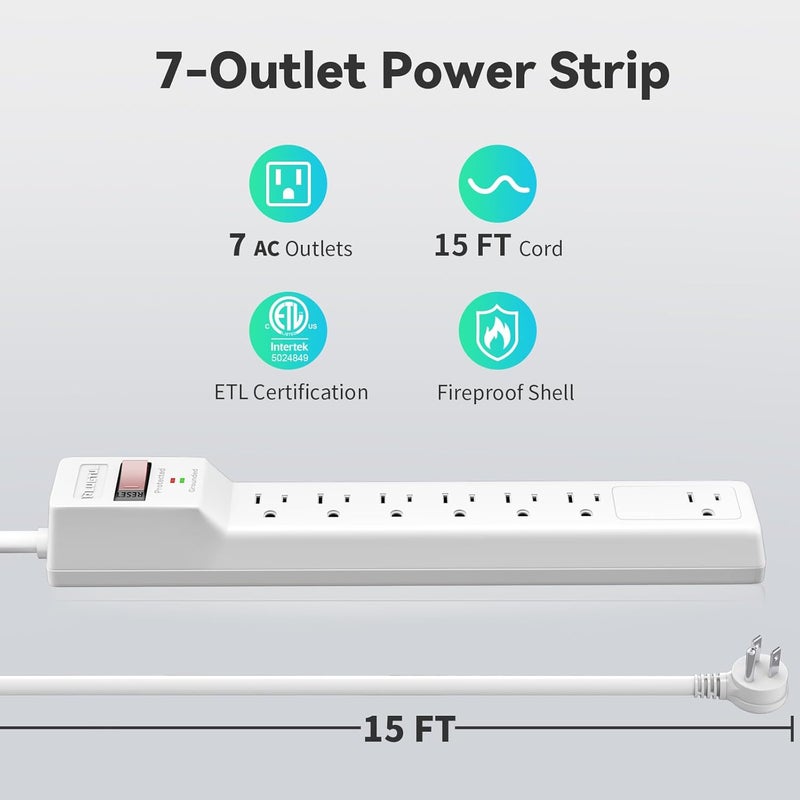 PLUGTUL Surge Protector 15FT (980 Joules), Flat Plug Power Strip, Extension Cord with Multiple Outlets, 7 Outlets, ETL Listed, 14 Gauge, Wall Mountable for Home Office Garage, White - Image 2